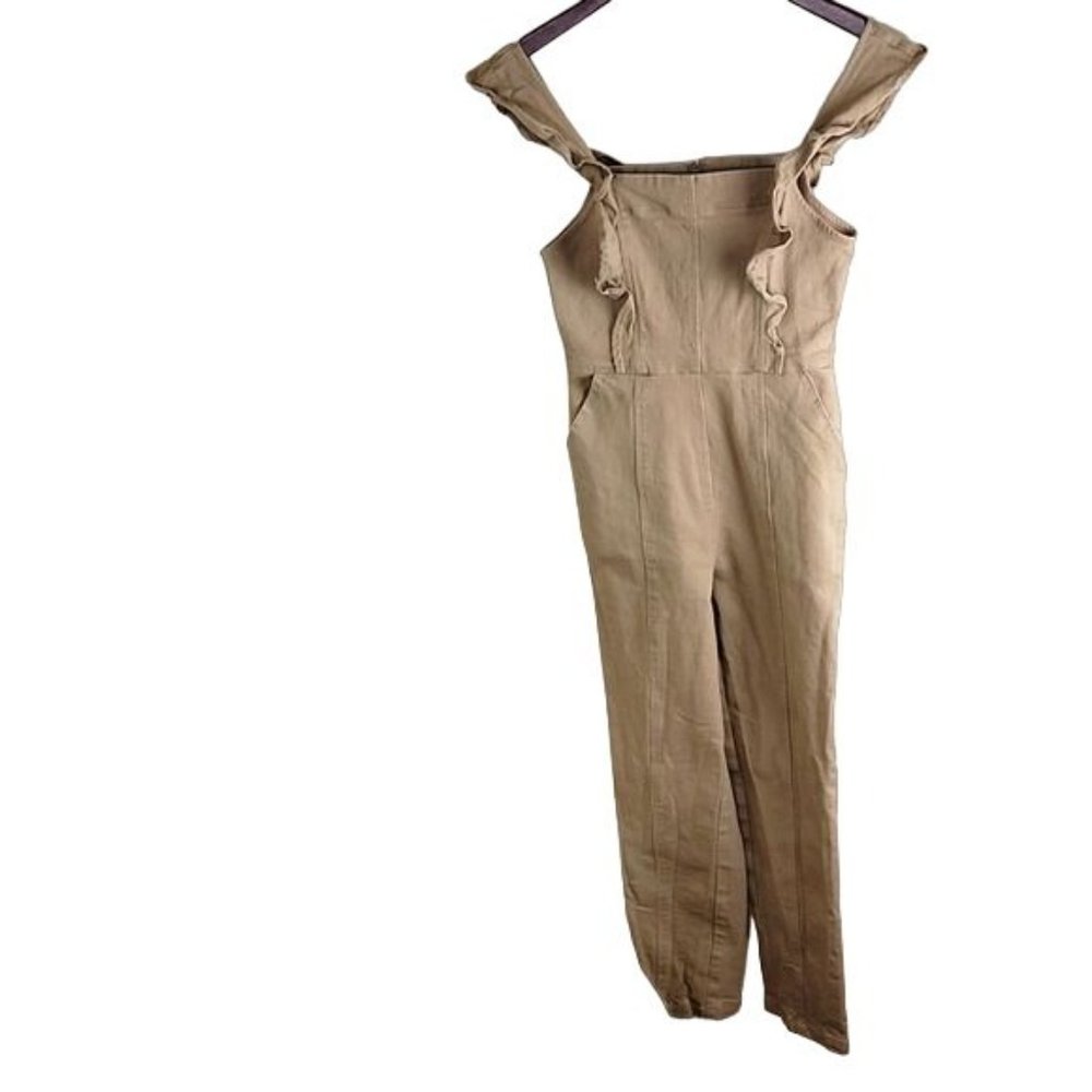Aqua Women Beige Stretch Square Neck Back-Zip Ruffle Jumpsuit no belt XS $198 - Picture 2 of 12